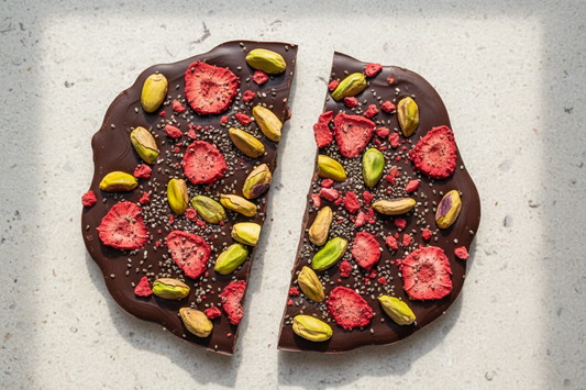 Gezonde chocoladeschotsen met gevriesdroogde aardbei en amandel